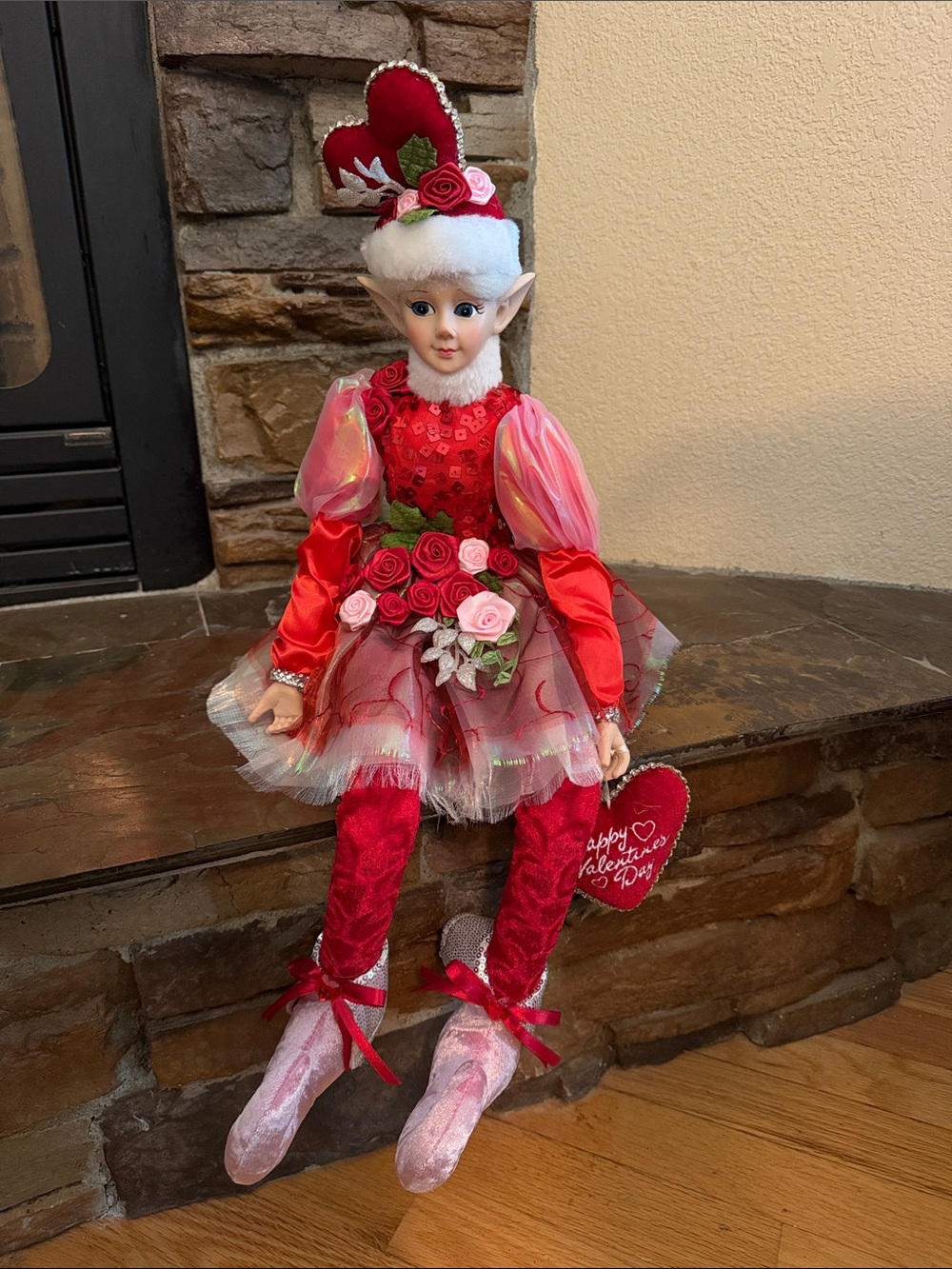 Cynthia Rowley Red and Pink Valentine Elf Doll with Rose Accents